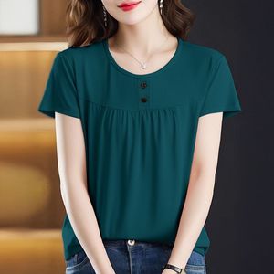 Women's Round Neck Short Sleeve <b>Top</b> Sea Blue Soft Acrylic Fiber T-Shirt Summer Style Plus Size - Product Image 5