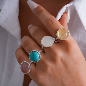 Handmade Twisted Band Natural Gemstone Open <b>Rings</b> Round Turquoise Rose Quartz <b>Statement</b> <b>Rings</b> For Women - Product Image 1