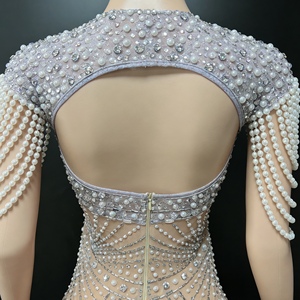 Robe de soirée formelle pour femmes, ornée de perles et de strass, dos nu en maille transparente, tendance - Product Image 5