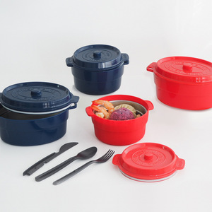 Plastic Lunch Box Pot Shaped Bento Box Round <b>Red</b> And Blue With Lid <b>Microwave</b> Safe Stainless Steel Container For All - Product Image 1