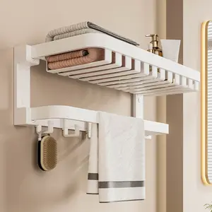 White Towel Rack Non Perforated Double-layer Folding Bathroom Storage Rack Towel Storage Rack Manufacturer Direct Sales