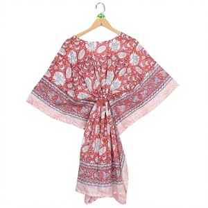 Robe midi décontractée d'été pour femme en coton et mousseline, style bohème, à imprimé floral, col rond, manches chauve-souris, coupe ample, à nouer sur le devant - Product Image 1