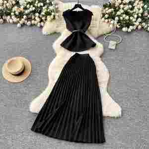 Conjunto Casual de Verano para Mujer, Tejido Sólido, Cuello Redondo, Sin Mangas, Top Tipo Túnica con Lazos, Falda Midi de Cintura Alta, Poliéster/Algodón - Product Image 3