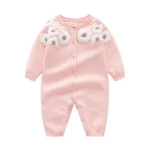 Nuevos peleles de punto de otoño para niñas, Mono para niñas, bordado a mano, flores dulces, ropa para recién nacidos, enredadera de lana