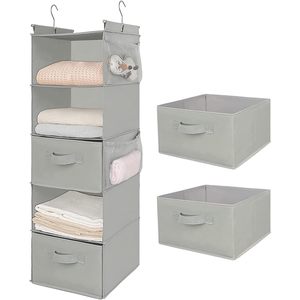 5 Tier Hanging Closet Organizer Light Grey Foldable Storage <b>Shelf</b> With <b>Hooks</b> For Bedroom Neatening - Product Image 1
