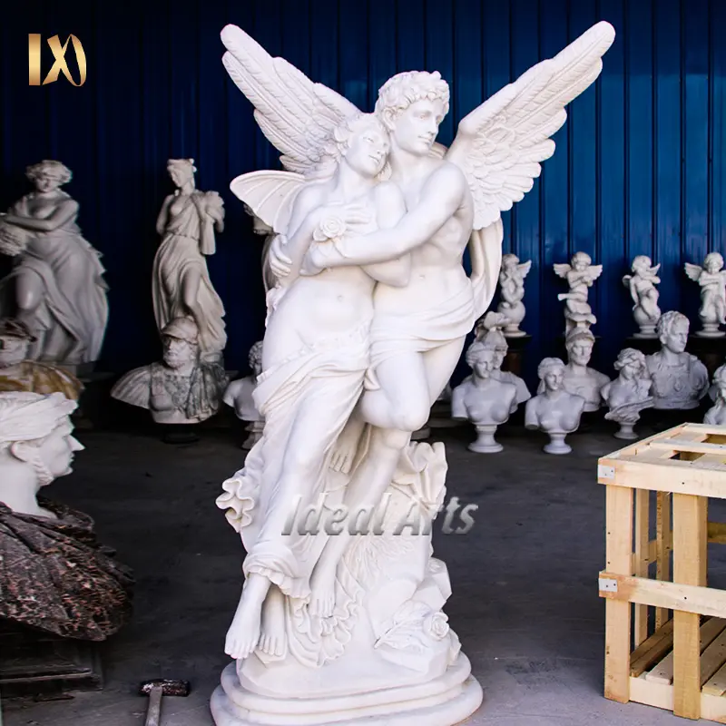 גודל טבעי מותאם אישית פסל שיש לבן מפורסם פסל מלאך אהבה יווני של קופידון ונפש זוג פסל
