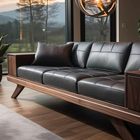 Canapé sectionnel trois places en noyer haut de gamme Nouveau design d'âge moyen pour petit appartement Salon Sectionnel en cuir en bois massif