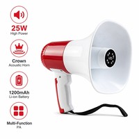 Mégaphone portable 25W 5.0 avec haut-parleur, enregistrement sur carte USB/TF, alarme, rouge et blanc