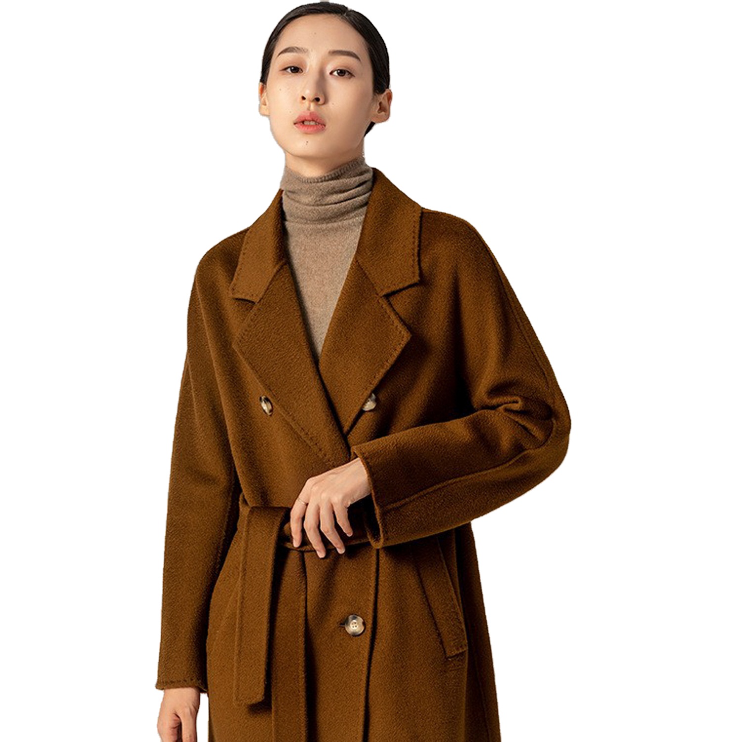 Urban Version Glossy Double-Sided Cashmere & Woolen Double Breasted Waterproof Thin Long Dyed Autumn Winter Casual Women's Coat