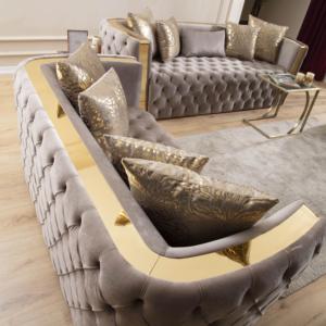 Luxury Square Taupe Velvet Living Room Furniture Set Button Tufted <b>Sofa</b> Loveseat Chair for Modern Villa - Product Image 2