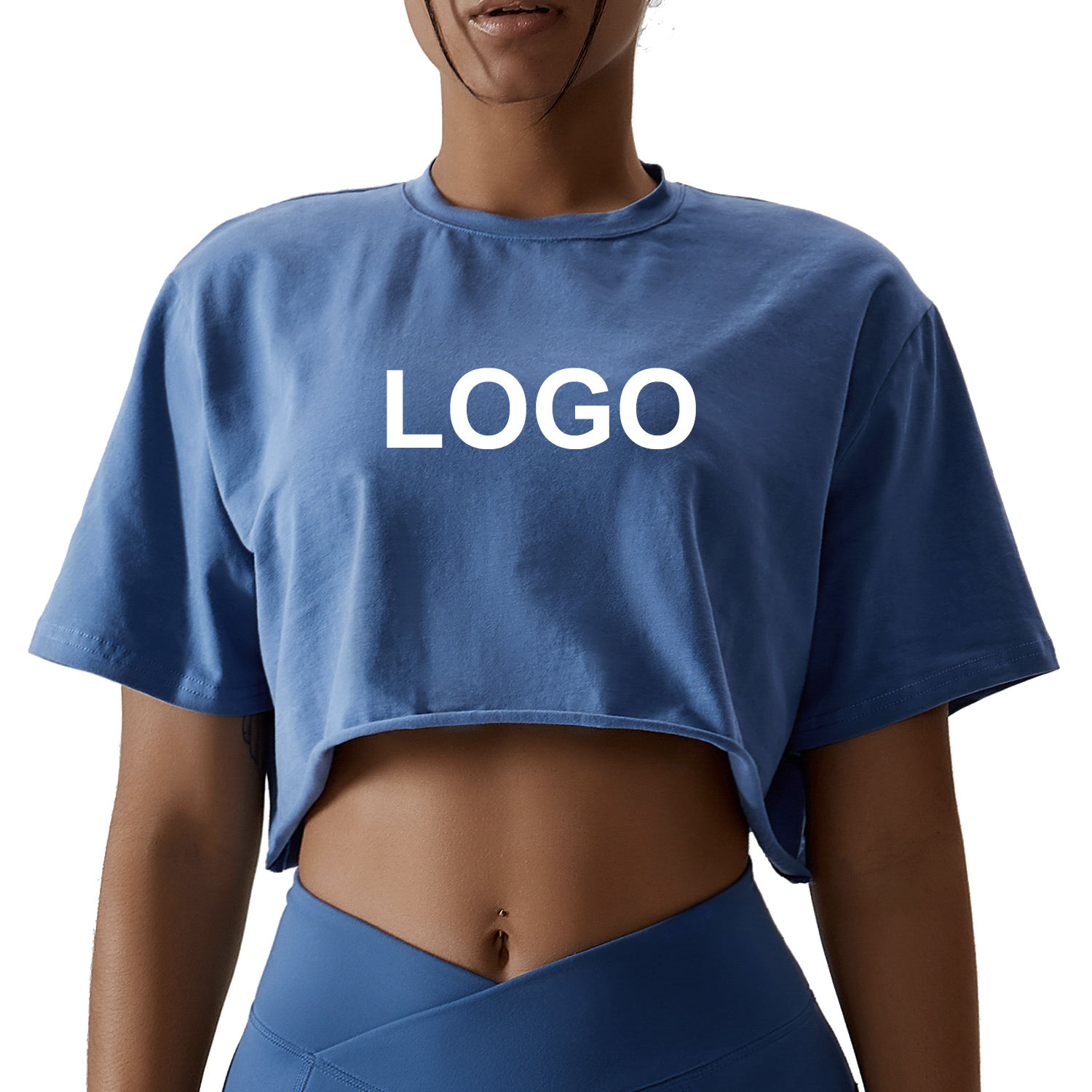 Custom Logo 100% Cotton Women Gym Short Sleeve Athletic Yoga Shirts Girls Workout Cotton Tee Loose Crop Top Crewneck T-shirt