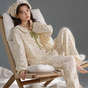 Pyjama élégant pour femmes en coton nuageux à manches longues, imprimé floral, robe de nuit décontractée et confortable pour la maison - Product Image 3