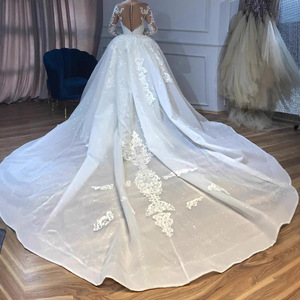 Robes de mariée sirène personnalisées avec traîne détachable, appliques de dentelle de luxe, col transparent orné de cristaux, robe de mariée arabe à manches longues - Product Image 4