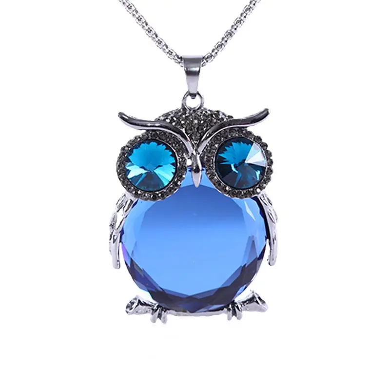 Yiwu Factory Low MOQ Zinc Alloy Jewelry Long Sweater Chain Cute Big Gem Glass Owl Crystal Pendant Necklace for Girls
