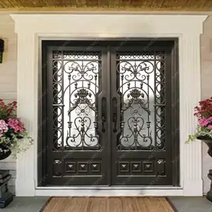 XIYATECH定制室内外部现代设计房屋大门花园安全磨砂钢化玻璃装饰锻铁门