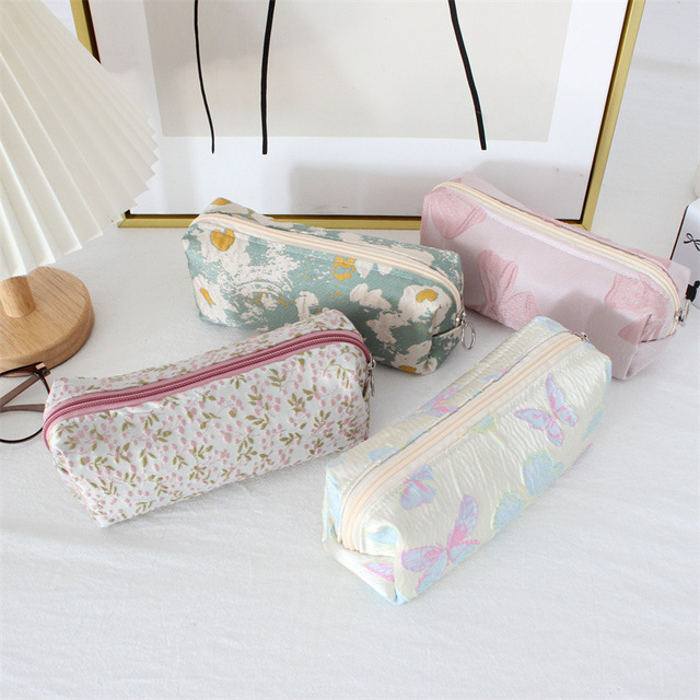 New Embossed Stylish Fabric Pencil Case; Retro Floral Zip-Up Stationery Bag Portable Multi-functional Organizer School Office