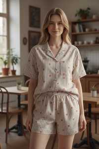 Conjunto de Pijama de Algodón con Estampado de Corazones para Mujer, Camiseta de Manga Corta y Pantalones Cortos, Ropa de Dormir - Product Image 2