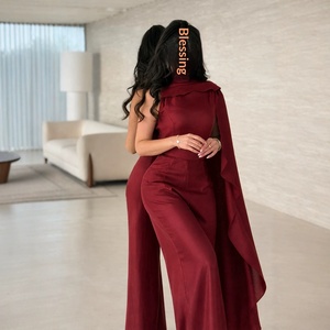 En gros pour les distributeurs de boutiques : <span class=keywords><strong>Combinaison</strong></span> élégante pour <span class=keywords><strong>femme</strong></span>, style long, à col cape, à ourlet volanté, <span class=keywords><strong>pantalon</strong></span> large, traitement anti-plis, été - Product Image 2