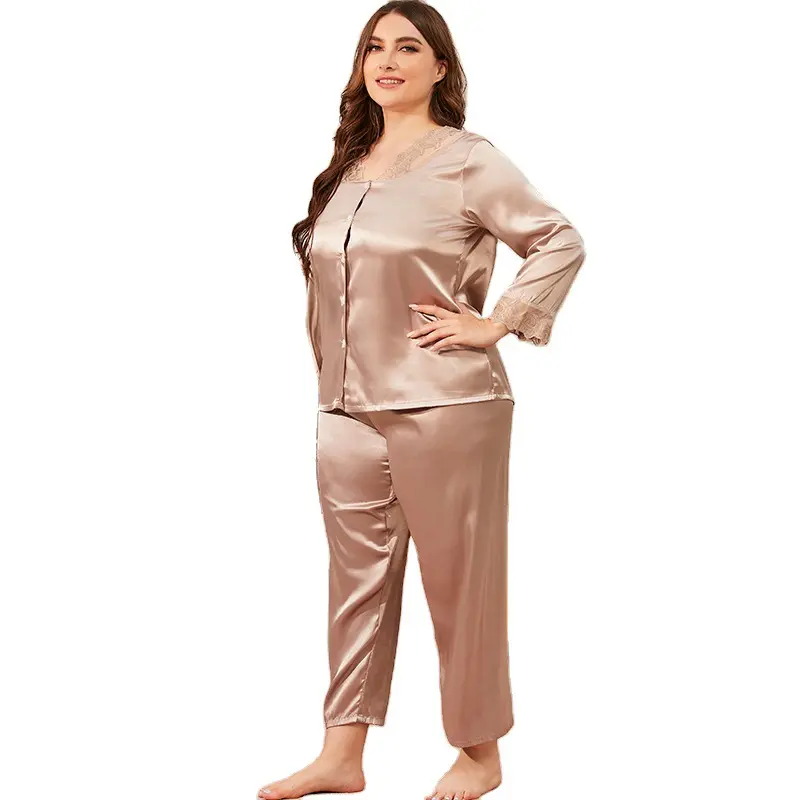 Artı boyutu pijama bayanlar yaz dantel v yaka uzun kollu hırka takım elbise seksi kadın pijama