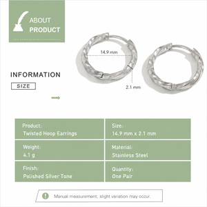Pendientes de Aro de Acero Inoxidable Trenzado, Tono Plateado Pulido, Pendientes Compactos Tipo Huggie con Bisagra, 14.9mm - Product Image 3