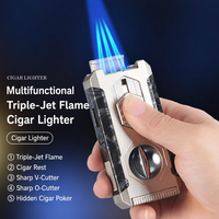 Briquet à cigares multifonctionnel à triple flamme avec coupe-cigares en V et coupe-cigares droit, corps en alliage coupe-vent, fenêtre de niveau de carburant transparente