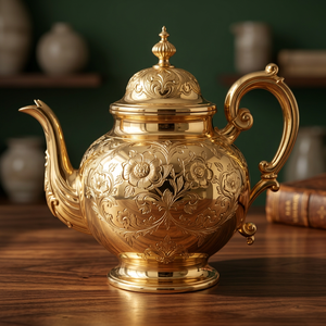 Vintage Gold Metal Tea Pot With Lid And Handle Ornate Floral Design - Product Image 6