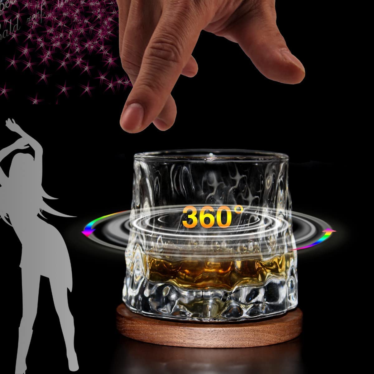 Creative Walnut Coasters Whiskey Glasses Rotatable Tumbler Crystal Glass Cups Drinking Glasses