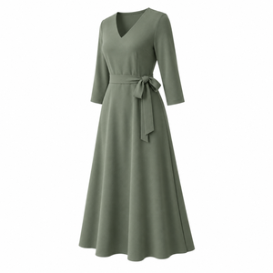 Robe de cocktail mi-longue à col en V, manches trois quarts, ceinture à nœud, robe trapèze pour fête, mariage, banquet - Product Image 3