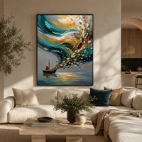 Tableau mural abstrait de voilier en turquoise éclatant encadré or, style impasto, décor Océan Éclatant pour complexe balnéaire et villa de plage