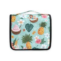 Trousse de Toilette Suspendable Portable en Polyester Imprimé Personnalisé Motif Dessin Animé Hawaïen, Imperméable avec Fermeture Éclair