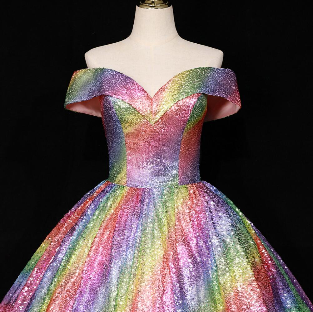 Rainbow Prom Dress Floor-Length One-Shoulder Gown
