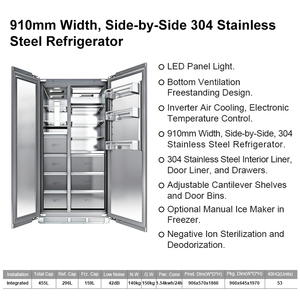 Réfrigérateur <span class=keywords><strong>encastrable</strong></span> 455L, réfrigérateur côte à côte, compresseur silencieux, sans givre, panneau personnalisable, pour usage domestique, CB CE - Product Image 3