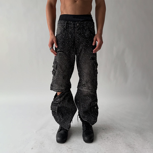 HL Wholesale <span class=keywords><strong>Pantalon</strong></span> en jean pour homme personnalisé, amovible, incrusté de <span class=keywords><strong>strass</strong></span>, déchiré, style cargo avec poches et <span class=keywords><strong>strass</strong></span> - Product Image 2