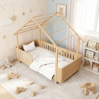 Lit pour tout-petits en bois naturel en forme de maison avec barrières de sécurité et rangement pour la chambre des enfants