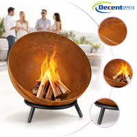 Brasero d'extérieur rond en acier Corten pour bois, avec bol hémisphérique et support trépied à trois pieds en fer