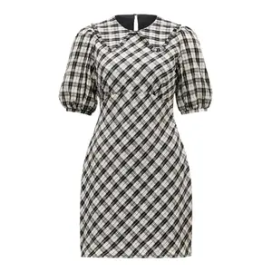 Custom Dress Women Penter Pan Collar Short Sleeve Plaid Print Dresses Casual Swing Aline Mini Dresses