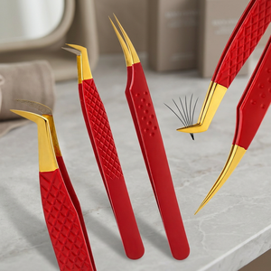 Juego de Pinzas para Extensión de Pestañas Rojas Doradas, Punta Curva de Precisión, Acero Inoxidable, Aislamiento de Pestañas de Volumen, Herramientas de Belleza para Aplicación - Product Image 3