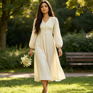 Vestido midi con cuello en V, cintura imperio, corte en A, mangas abullonadas y detalle de botones en color crema liso, estilo casual. - Product Image 5