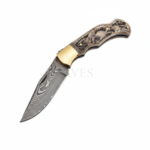 Couteau de poche coulissant en acier Damas de qualité industrielle personnalisable pour le camping, la randonnée et la survie en extérieur, avec étui en cuir - OEM - Product Image 1