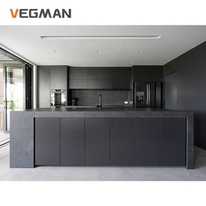 خزائن مطبخ فاخرة سوداء غير لامع باب رفع ذكي كامل خزائن مخصصة للمنزل مع جزيرة مطبخ - Product Image 1