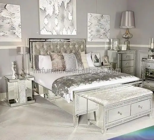 Muebles de lujo modernos para dormitorio, cama tamaño Queen/King, marco de cama con espejo de diamante aplastado brillante para Hotel y casa