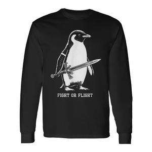T-shirt a maniche lunghe Fight Or Flight Penguin, vestibilità classica, nera, unisex, girocollo, stampa serigrafica - Product Image 1