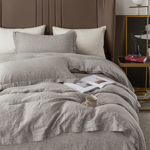 Juego de cama tamaño Queen, edredón de lino 100%, funda de edredón, fundas de edredón, patrón sólido, estilo moderno, juegos de cama doble de 4 piezas para el hogar - Product Image 1