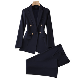 Women's Black Suit Set Double Breasted Blazer With Pants Office Lady Style Full Sleeve Autumn Wear - Product Image 5