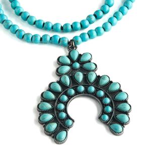 JH Fashion Western Ethnischer Bohemian Schmuck 2-lagige 6mm Türkis Naturstein Handgefertigte Halskette mit Blumenanhänger - Product Image 5