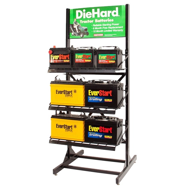 Metal Display Rack Floor Standing Battery Display Rack 3-Tier Car Battery Storage Stand on Wheels for Shops