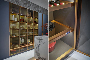 Armoires de cuisine OPPEIN de luxe haut de gamme de style moderne en laque bleue avec plan de travail en céramique frittée - Product Image 4