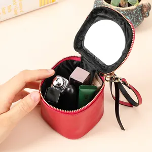 WESTAL Cowhide Leather Ladies Mini Zipper Lipstick Storage Bag With Mirror Leather Coin Purse Leather Lipstick Bag For Women