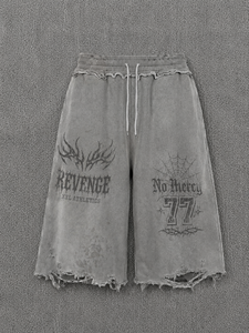 Pantalones Cortos de Hombre Vintage con Lavado Ácido, Desgastados, con Bajo sin Rematar, Gráfico de Telaraña Gótica Revenge, Estilo Baggy Streetwear - Product Image 1
