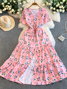 Abito Lungo da Donna Autunno Inverno Stile Francese Leggero Maturo Dolce Floreale con Scollo a V Antistatico Vita Alta Snellente con Volant - Product Image 2